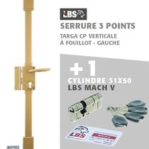 Lot serrure 3 points TARGA CP verticale à fouillot, gauche, or + Cylindre Mach V LBS 31x60